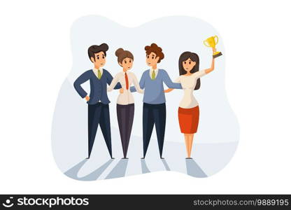 Success, win, celebration, goal achievement, business concept. Team of happy businessmen women clerks managers leaders cartoon characters with golden cup together. Reaching purpose and victory vector.. Success, win, celebration, goal achievement, business concept.