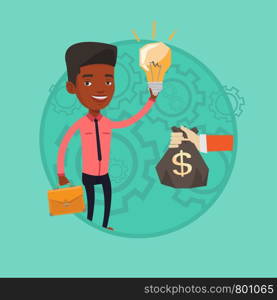 Successful african-american businessman exchanging his business idea light bulb to money bag. Concept of successful business idea. Vector flat design illustration in the circle isolated on background.. Successful business idea vector illustration.