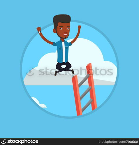 Successful african-american businessman relaxing on the cloud. Happy businessman with rised hands sitting on the cloud with ledder. Vector flat design illustration in the circle isolated on background. Happy businessman sitting on the cloud.