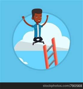 Successful african-american businessman relaxing on the cloud. Happy businessman with rised hands sitting on the cloud with ledder. Vector flat design illustration in the circle isolated on background. Happy businessman sitting on the cloud.