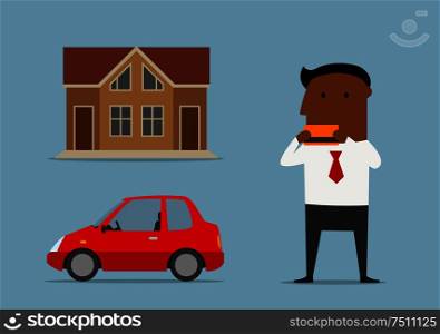 Successful african american cartoon businessman or manager bought new car and house by credit card. Real estate credit and new car loan, banking service design usage. Manager bought car and house by credit card