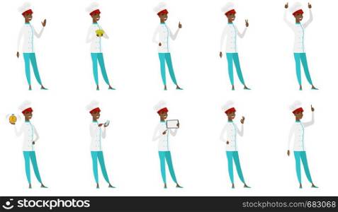 Successful african chef cook standing with raised arms up. Successful chef cook giving thumbs up. Chef cook celebrating success. Set of vector flat design illustrations isolated on white background.. Vector set of chef-cooker characters.