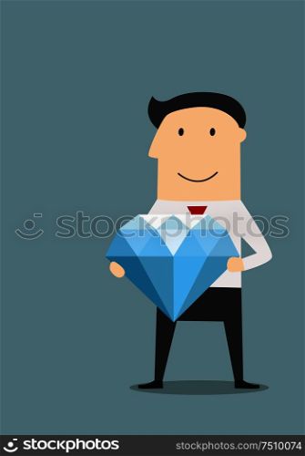 Successful and happy cartoon businessman standing with large shining diamond in hands. Lucky or wealth concept themes usage. Happy businessman with large diamond in hands