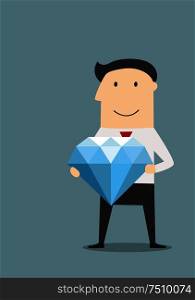 Successful and happy cartoon businessman standing with large shining diamond in hands. Lucky or wealth concept themes usage. Happy businessman with large diamond in hands