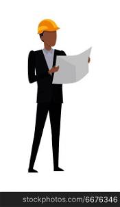 Successful architect standing and holding a big blueprint in his hands. Man in black suit and yellow helmet is looking at paper. Planning new project. Simple cartoon style. Front view. Vector. Man in Black Suit and Yellow Helmet. Blueprint