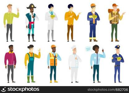 Successful asian builder holding money. Excited builder standing with money in hands. Full length of smiling builder with money. Set of vector flat design illustrations isolated on white background.. Vector set of professions characters.