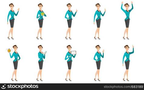 Successful asian businesswoman standing with raised arms up. Businesswoman celebrating business success. Business success concept. Set of vector flat design illustrations isolated on white background.. Vector set of illustrations with business people.
