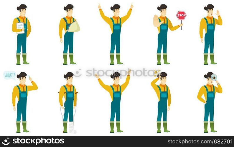 Successful asian farmer standing with raised arms up. Full length of happy farmer in coveralls celebrating with raised arms up. Set of vector flat design illustrations isolated on white background.. Vector set of illustrations with farmer characters