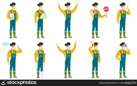Successful asian farmer standing with raised arms up. Full length of happy farmer in coveralls celebrating with raised arms up. Set of vector flat design illustrations isolated on white background.. Vector set of illustrations with farmer characters