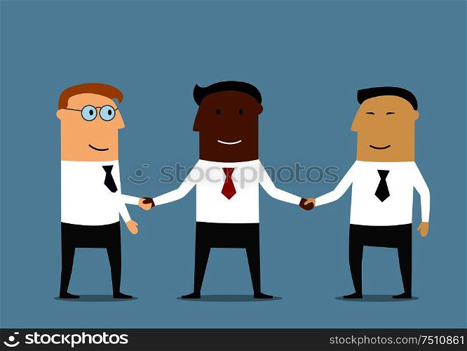 Successful black businessman shaking hands with his multiethnic business partners. International partnership, meeting or contract signing concept. Handshake of multiethnic business partners