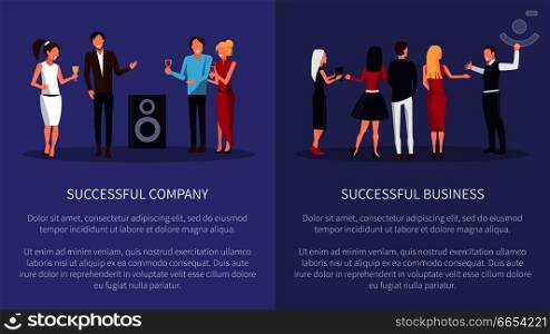 Successful business and company two posters with people having fun at disco. Vector illustration with colleagues at party on violet background. Successful Business Company Vector Illustration