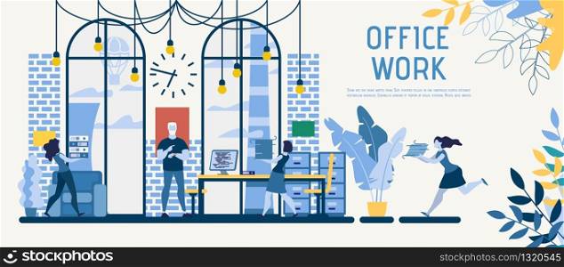 Successful Business Company Flat Vector Advertising Banner, Promotion Poster Template with Boss Controls Tasks Completing, Company Employee Hurrying on Business, Doing Daily Office Work Illustration