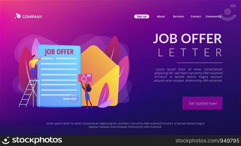Successful business deal. Employee hiring, recruiting service. Job offer letter, international volunteer program, permanent contract concept. Website homepage landing web page template.. Job offer concept landing page