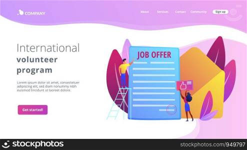 Successful business deal. Employee hiring, recruiting service. Job offer letter, international volunteer program, permanent contract concept. Website homepage landing web page template.. Job offer concept landing page