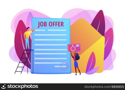 Successful business deal. Employee hiring, recruiting service. Job offer letter, international volunteer program, permanent contract concept. Bright vibrant violet vector isolated illustration. Job offer concept vector illustration