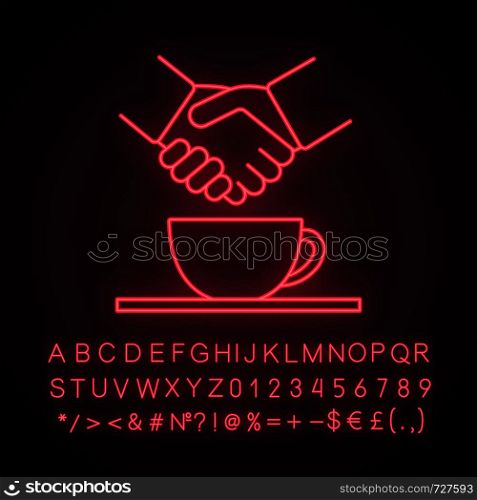 Successful business deal, partnership neon light icon. Coffee meeting. Successful business lunch. Coffee break. Handshake and hot drink. Glowing alphabet, number. Vector isolated illustration. Successful business deal, partnership neon light icon