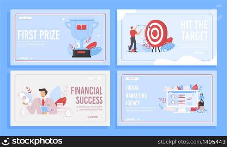 Successful Business Development, Financial Strategy Planning, Goal Achievement Landing Page Set. Coaching and Training Courses Online Application. Management and Marketing. Vector Cartoon Illustration. Successful Business Development Landing Page Set