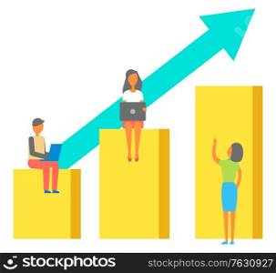 Successful business development, woman with laptop working on new projects. Chart with arrow growing up, digital devices for company growth. Vector illustration in flat cartoon style. People Working on Laptops Growing Chart Vector