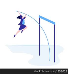 Successful business female overcome jump up vector flat illustration. Businesswoman jumping over obstacle isolated on white background. Concept of career achievement, startup and motivation. Successful business female overcome jump up vector flat illustration