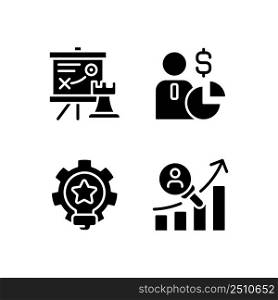 Successful business formula black glyph icons set on white space. Marketing tactics. Joint-stock company. Money-making strategy. Silhouette symbols. Solid pictogram pack. Vector isolated illustration. Successful business formula black glyph icons set on white space