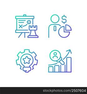 Successful business formula gradient linear vector icons set. Marketing tactics. Money-making strategy. Thin line contour symbol designs bundle. Isolated outline illustrations collection. Successful business formula gradient linear vector icons set
