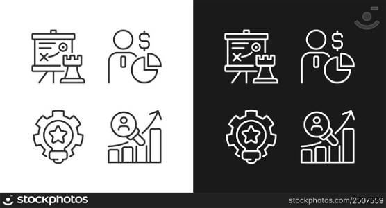 Successful business formula pixel perfect linear icons set for dark, light mode. Thin line symbols for night, day theme. Isolated illustrations. Editable stroke. Montserrat Bold, Light fonts used. Successful business formula pixel perfect linear icons set for dark, light mode