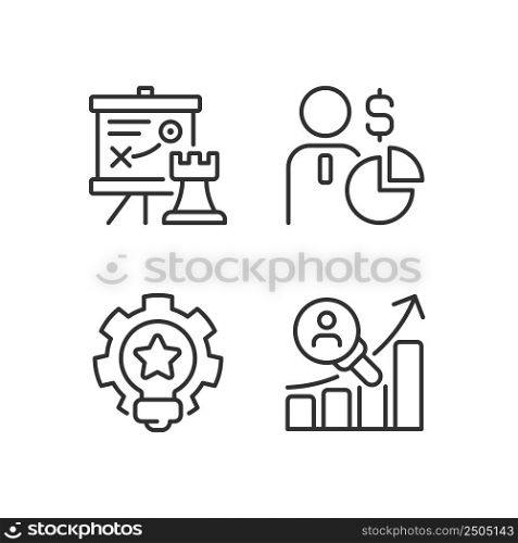 Successful business formula pixel perfect linear icons set. Marketing. Customizable thin line symbols. Isolated vector outline illustrations. Editable stroke. Montserrat Bold, Light fonts used. Successful business formula pixel perfect linear icons set
