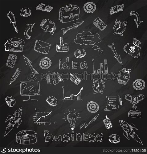 Successful business funding planning and organization detailed results analysis symbols backboard chalk line sketch abstract vector illustration. Business strategy icons blackboard chalk sketch