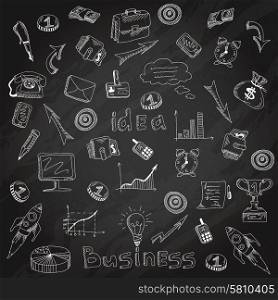 Successful business funding planning and organization detailed results analysis symbols backboard chalk line sketch abstract vector illustration. Business strategy icons blackboard chalk sketch