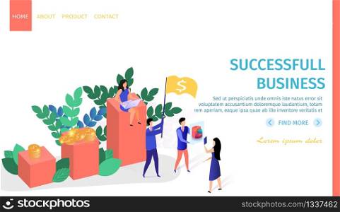 Successful Business Horizontal Banner. Woman Use Laptop Sitting on Top of Infographics Column. Man Presenting Chart to Girl. Guy Hold Flag with Dollar Sign. 3d Flat Vector Isometric Illustration.. Successful Business People Work Horizontal Banner