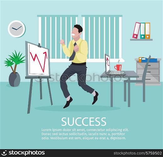 Successful business idea poster with young male businessman in office in front of growth chart vector illustration. Successful Business Idea Poster