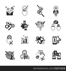 Successful business innovative ideas market analysis strategy concept black line symbols icons set abstract isolated vector illustration. Business analysis icons set black