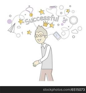 Successful Business Man Dancing. King of Office. Successful business man dancing. Things that bring good luck surround him. Favourite items in office work. Indispensable things. Paper plane star medal clock crown cloud pen mobile phone. Vector