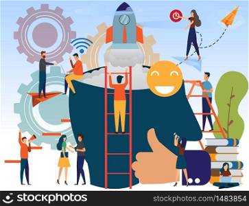 Successful business man with rocket ship launching from his big head. idea start up concept. book festival and reading concept. business people teamwork and start up new business vector illustration.