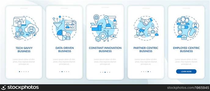 Successful business models blue onboarding mobile app page screen. Company structure walkthrough 5 steps graphic instructions with concepts. UI, UX, GUI vector template with linear color illustrations. Successful business models blue onboarding mobile app page screen