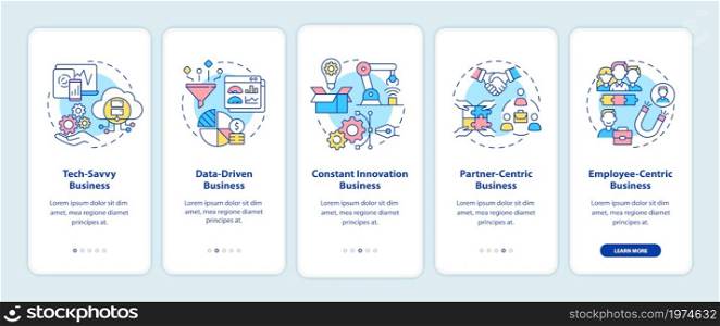 Successful business models onboarding mobile app page screen. Company structure walkthrough 5 steps graphic instructions with concepts. UI, UX, GUI vector template with linear color illustrations. Successful business models onboarding mobile app page screen
