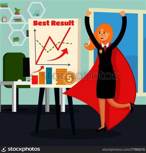 Successful business orthogonal composition with woman dressed in superhero costume in office interior cartoon vector illustration . Office Superhero Orthogonal Composition