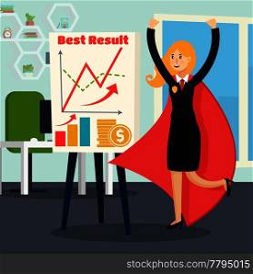 Successful business orthogonal composition with woman dressed in superhero costume in office interior cartoon vector illustration . Office Superhero Orthogonal Composition