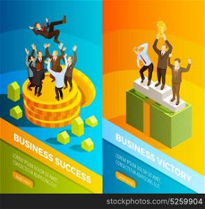 Successful Business People Celebration Isometric Banners. Successful winning business leaders victory celebration on podium 2 vertical isometric banners set isolated vector illustration