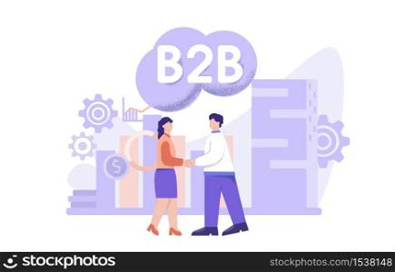 Successful business people collaboration vector flat illustration. Female and male shaking hand celebrating b2b deal partnership isolated on white background big limbs style. Successful business people collaboration vector flat illustration