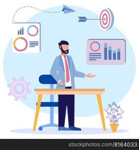 Successful business people stand at the table with business process icons and infographics in the background. Business charts and diagrams. Vector illustration.