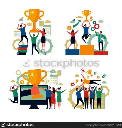 Successful business people. Working people managers rewards victory attainment estimates concept vector scenes business characters. Businessman successful worker, reward businesspeople illustration. Successful business people. Working people managers rewards victory attainment estimates concept vector scenes business characters