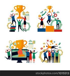 Successful business people. Working people managers rewards victory attainment estimates concept vector scenes business characters. Businessman successful worker, reward businesspeople illustration. Successful business people. Working people managers rewards victory attainment estimates concept vector scenes business characters