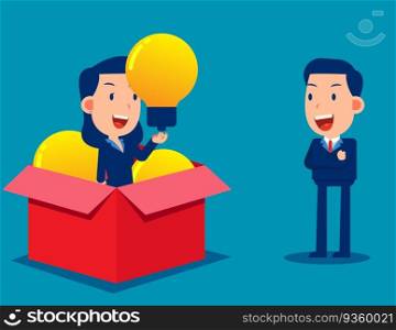 Successful business person holds idea lightbulb. Open cardboard box