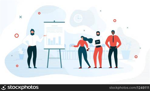 Successful Business Project Presentation, Company Strategy Planning, Statistics Indicators Analysis Flat Vector Concept. Businessman Showing Graphs on Flip Chart for Colleagues in Office Illustration