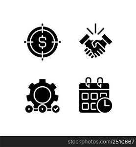 Successful business startup black glyph icons set on white space. Financial goal. Supply chain. Events calendar. Deal making. Silhouette symbols. Solid pictogram pack. Vector isolated illustration. Successful business startup black glyph icons set on white space