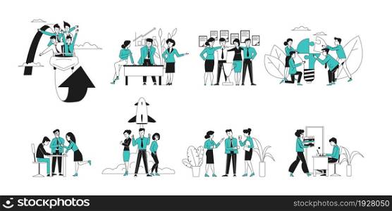 Successful business startup. Flat professional people, office workers. Executive employee, teamwork and leadership, career recent vector scenes. Illustration of startup teamwork, management plan. Successful business startup. Flat professional people, office workers. Executive employee, teamwork and leadership, career recent vector scenes