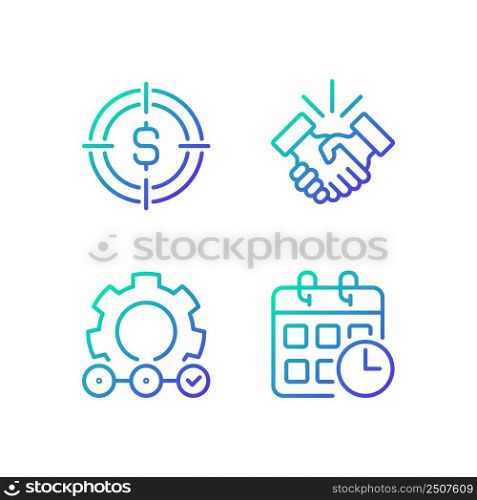 Successful business startup gradient linear vector icons set. Financial goal. Supply chain. Events calendar. Thin line contour symbol designs bundle. Isolated outline illustrations collection. Successful business startup gradient linear vector icons set