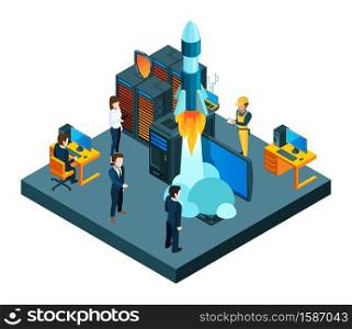 Successful business startup. Isometric vector young team, data protection, startup rocket vector concept. Illustration isometric rocket startup, team start launch. Successful business startup. Isometric vector young team, data protection, startup rocket vector concept