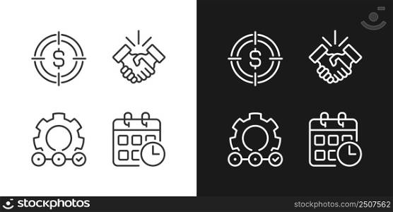 Successful business startup pixel perfect linear icons set for dark, light mode. Thin line symbols for night, day theme. Isolated illustrations. Editable stroke. Montserrat Bold, Light fonts used. Successful business startup pixel perfect linear icons set for dark, light mode